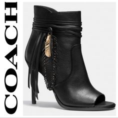 Coach Q6609 Laurel Mill Stiletto Bootie Stiletto Heel 3.75” Heel Peep Toe Features Wrapped Leather Straps Around Ankles With Feather Charms Like New! These Boots Were Worn One Time For A Couple Of Hours. Other Than The Expected Scuffing On The Bottoms From Wear They Look Brand New. Beyond Bold, These Dramatically Fringed Statement Booties Are Striking In Black Leather With A Stiletto Heel, A Peep-Toe, Studs And Custom Feather Details. Leather. 3 3/4" Heel. Color: Black Comfy Heels, Going Shopping, Shoe Trends, 3 Shoes, Fabulous Shoes, Hot Shoes, Coach Shoes, Shoe Lover, Leather Booties