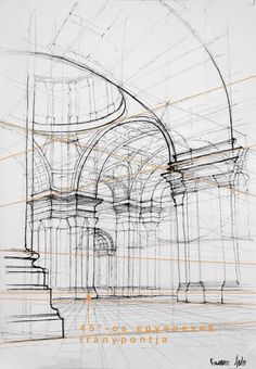 an architectural drawing of a building with arches and pillars in the center, on a white background