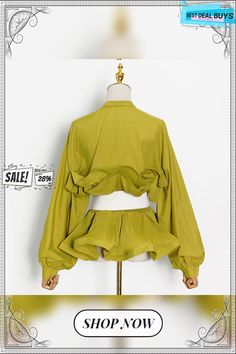 Long Sleeve Ruffle Blouse Women Autumn High Waist Stand Collar Slim Top with Belt Luxury Fitted Yellow Blouse Piece, Orange Long Sleeve Blouse With Ruffles, Yellow Ruffled Long Sleeve Blouse, Luxury Semi-stitched Yellow Blouse, Vintage Yellow Ruffled Top, Women Ruffle Blouse, Stand Collar, Blouses For Women, High Waist