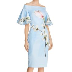 Nwt Ted Baker London Pale Blue Lauraen Floral Off The Shoulder Dress Size 1 (Us 4) An Oversized Floral Print Brings Romantic Energy To This Flutter Sleeve Off The Shoulder Dress. Armpit To Armpit: 15" Waist: 28" Shoulder To Hem: 39" - Bandeau Neck - Short Flutter Sleeves - Back Zip Closure - Scuba Construction - Floral Print - Lined - Knee Length - Imported Fiber Content Shell: 96% Polyester 4% Elastane Lining: 100% Polyester Blue Sheath Midi Dress For Spring, Blue Sheath Dress For Spring, Blue Floral Print Sheath Midi Dress, Romantic Energy, Peplum Midi Dress, Flower Print Pattern, Ted Baker Dresses, Navy Blue Midi Dress, Patterned Midi Dress