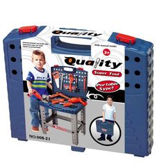 a child's tool box with tools in it and an image of a man standing next to it