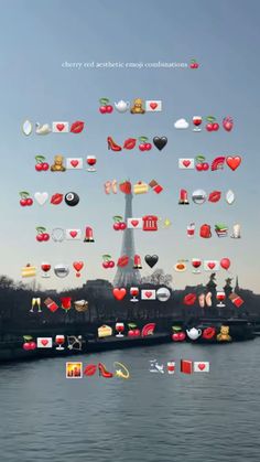 the eiffel tower is surrounded by hearts and other things that are floating in the air