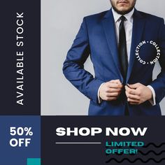 a man in a blue suit and tie with the words shop now on his chest