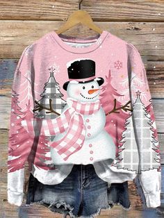 Round Neck Long Sleeve Top, Pink Winter, Christmas Print, Christmas Hoodies, Plus Size Kleidung, Tops Fall, Top Gifts, Pink Sweatshirt, Daily Activities