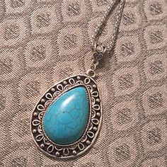 New Turquoise Color & Silver Toned Long Necklace Blue Turquoise Teardrop Necklace Nickel Free, Blue Teardrop Turquoise Necklace Nickel Free, Elegant Nickel Free Turquoise Necklace, Nickel-free Elegant Blue Turquoise Necklace, Nickel-free Blue Turquoise Teardrop Necklace, Jewelry Long Necklace, Silver Long Necklace, Rhinestone Statement Necklace, Long Silver Necklace