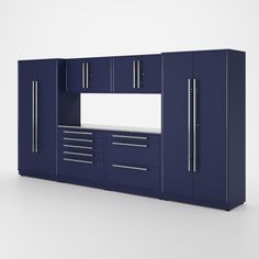 an image of a blue cabinet with white counter top and drawers on the front side