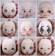 a series of photos showing different expressions on a doll's face and body, including eyes