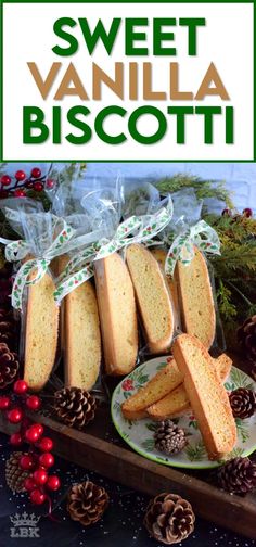 sweet vanilla biscotti on a platter with pine cones