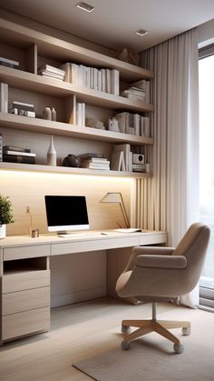 a computer desk with a laptop on top of it in front of a large window