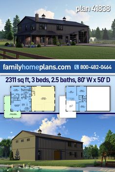 two story house plan with 3 beds, 2 baths, 80'w x 50'd