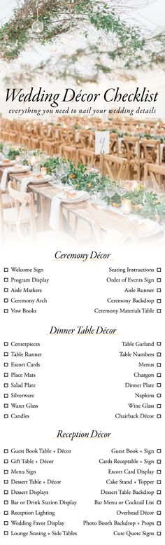 the wedding decor checklist is shown in white and green, with wooden tables on each side