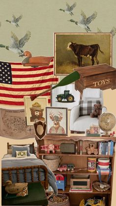 a collage of various items including an american flag, toys, and other things