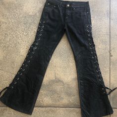 Jean Base. Lace Up Sides Handmade Into A Piece Of Rocker Art! Black Sz: 28/30 Length: 40” Bell: 11” Ethan Core, Bellbottom Jean, Black Bell Bottom Jeans, Gothic Jeans, Rocker Boots, Texas Chainsaw, Boot Cut Jeans, Art Black, Cut Jeans