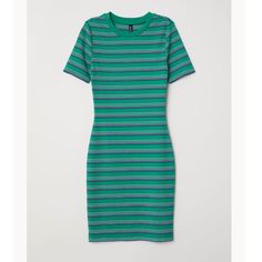 Never Worn Cotton Ribbed Bodycon Dress, Ribbed Cotton Bodycon Dress, Striped Fitted Cotton Midi Dress, Fitted Striped Cotton Midi Dress, Summer Green Ribbed Bodycon Dress, Casual Green Ribbed Dress, Casual Short Sleeve Midi Dress By H&m, H&m Green Midi Dress For Spring, H&m Cotton Midi Dress