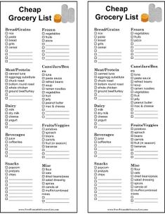 two grocery list printables, one with grocery items and the other with grocery lists