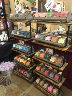 a display case filled with lots of different types of soaps