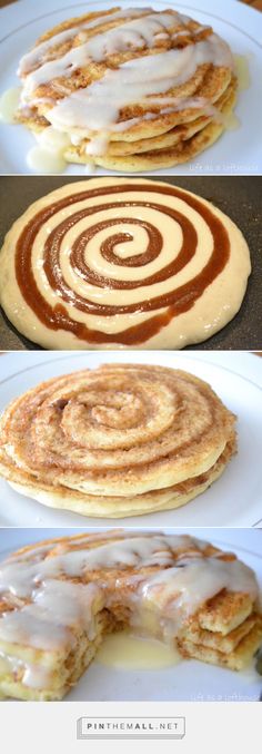 three different views of pancakes with icing on them