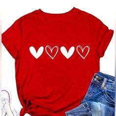 Size Xl And Large Available 65% Cotton 35% Polyester New In Package Cheap Customizable Tops For Valentine's Day, Shirts Women Fashion, Red Tshirt, White Heart, Heart Print, Free Clothes, Tshirt Colors, Short Sleeves Tops, Print T Shirt