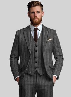 Liberate your innate excellence with the Sartori Leocadia Charcoal Stripe Soft Tweed Suit. Meticulously crafted from the finest, luxuriously soft tweed, this gray fabric, enriched with delicate charcoal stripes, weaves a tapestry of timeless grandeur and modern refinement. Perfect for high-stakes business engagements, gala events, and other prestigious gatherings, this work of art is not merely an article of clothing, it is a creed of opulence.    About Sartori Soft Tweed Collection:  This range brings out the luxurious side of tweed. Made with worsted-spun yarn for a lighter, softer feel, it’s a step up from traditional tweed. The fine Merino wool blend makes each piece incredibly comfortable, perfect for any occasion.     Look features a 2 button jacket with notch lapels, horn royal blac Luxury Tweed Suit With Notch Lapel, Luxury Tweed Suits For Semi-formal Occasions, Luxury Semi-formal Tweed Suit, Elegant Fitted Tweed Jacket With Herringbone Pattern, Timeless Tweed Suit With Welt Pockets, Elegant Tweed Suit With Herringbone Pattern, Elegant Gray Wool Suit, Timeless Gray Wool Suits, Elegant Single-breasted Tweed Suit