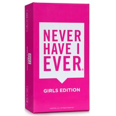 a pink box with the words never have i ever on it and a white background