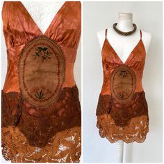 Bohemian Tops With Natural Dye For Fall, Bohemian Tops With Lace Patchwork For Fall, Bohemian Lace Patchwork Tops For Fall, Fitted Bohemian Crochet Top With Lace Patchwork, Bohemian Silk Top For Festival, Bohemian Hand Dyed Tops For Fall, Bohemian Fitted Lace Tops, Orange Silk Summer Tops, Fitted Lace Bohemian Tops