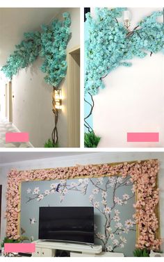 the wall is decorated with pink and blue flowers