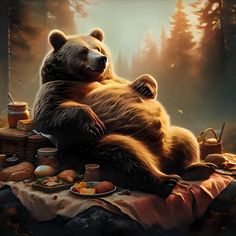 a large bear sitting on top of a table covered in food