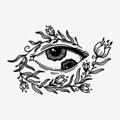 an eye with leaves and flowers around it on a white background, drawn in black ink