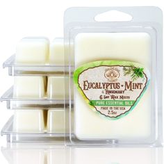 eucalyptus mint and sandalwood wax melts in an empty container on a white background