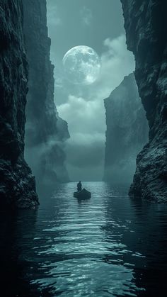 a person in a small boat on the water near some cliffs and a full moon