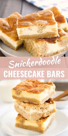 three slices of cheesecake bars stacked on top of each other with text overlay