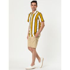 Made from lightweight fabric, this shirt is comfortable to wear and will keep you cool in the summer. The classic-fit shirt tapers throughout the body and hem for a casual look. You can pair it with pants, jeans, or shorts to complete your casual look. Add a stylish outfit option to your everyday wardrobe with this unique striped short-sleeved shirt. Summer Striped Shirt With Camp Collar, Striped Camp Collar Shirt For Summer, Striped Cotton Camp Shirt For Vacation, Yellow Cotton Camp Shirt For Summer, Yellow Cotton Short Sleeve Shirt For Summer, Summer Yellow Cotton Short Sleeve Shirt, Summer Yellow Cotton Camp Shirt, Color Block Shirts, Beach Color