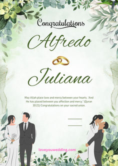 a wedding certificate with two people standing next to each other, surrounded by greenery