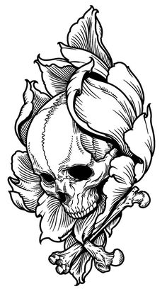 a black and white drawing of a skull with flowers