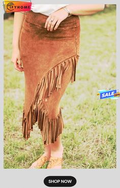 Brown Fringe Asymmetric Wrap Suede Midi Skirt Suede Midi Skirt, Brown Fringe, Womens Bottoms, Midi Skirt, On Sale, Skirt, Free Shipping