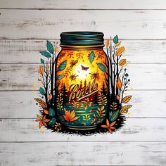 a painted mason jar with an image of a sunflowers and leaves on it