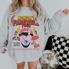 ✺  CUSTOM FAREWELL TOUR BACHELORETTE SWEATSHIRT CREWNECK ✺  Priority Shipping available upon request. It's an amazing super comfy and soft sweatshirt, perfect for cold autumn days, and what makes it even better, it looks amazing on photos ! I am obsessed with this design and you will be as well <3 * Q U I C K F A C T S * This design is a unique illustration that has been created in house. ✺ 50% Cotton 50% Polyester ✺ Medium-heavy fabric (8.0 oz/yd² (271.25 g/m ✺ Sizing is unisex so runs like men Retro Fall Concert T-shirt, Retro T-shirt For Fall Concert, Retro Graphic Print Sweatshirt For Concerts, Retro Fall Concert Tops, Retro Fall Tops For Concert, Retro Tops For Fall Concerts, Retro Crew Neck Sweatshirt For Concerts, Band Merch Tops For Fall Concerts, Farewell Tour Bachelorette