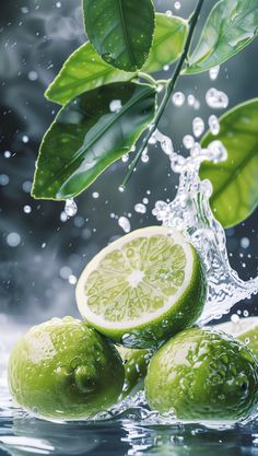 limes falling into water with green leaves