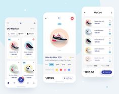 three mobile screens showing different types of shoes on the screen and an app for them