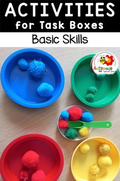 four plastic bowls with pom poms in them and the words activities for task boxes