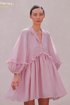 KAVAW - Elegant Lapel Puff Sleeve Mini Dress Ruffle Dress Casual, Ruffled Dresses, Loose Mini Dress, Puff Sleeve Mini Dress, Mini Dress Fashion, Fashion Aesthetics, Pleated Mini Dress, Pink Mini Dresses, Mini Dress With Sleeves