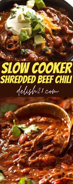 slow cooker shredded beef chili recipe in a skillet with the title above it