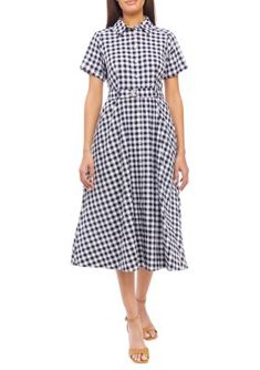 A charming check print details this shirtdress from Maison Tara. | Maison Tara Women's Short Sleeve Gingham Check Cotton Shirtdress, 4 Short Sleeve Cotton Plaid Spring Dress, Classic Gingham Short Sleeve Dress, Spring A-line Gingham Plaid Dress, Casual Gingham Plaid A-line Dress, Spring Button-up Gingham Dresses, Cotton Shirt Dress, Gingham Check, Gingham, Casual Dresses