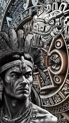 an artistic drawing of a native american man with tattoos and headdress on his face