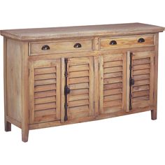 a large wooden cabinet with shutters on the doors and drawers is shown against a white background