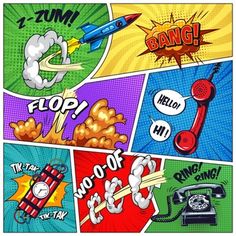 an image of pop art collage with different things in the background, including telephones and speech bubbles