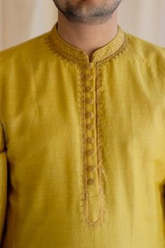 Shop for Nirjara Yellow Embroidered Silk Kurta for Men Online at Aza Fashions Silk Kurta For Men, Muga Silk, Yellow Kurta, Kurta For Men, Silk Kurta, Hand Work Embroidery, Embroidered Neckline, Band Collar, Embroidered Silk