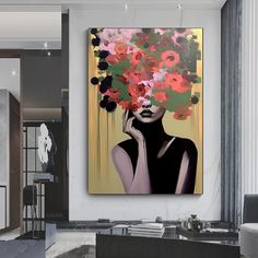 a woman with flowers on her head is shown in this modern living room setting,