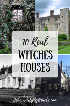 the words real witches houses in black and white with images of an old house, castle,