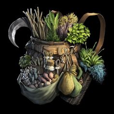 a basket filled with lots of different types of flowers and plants on top of a black background